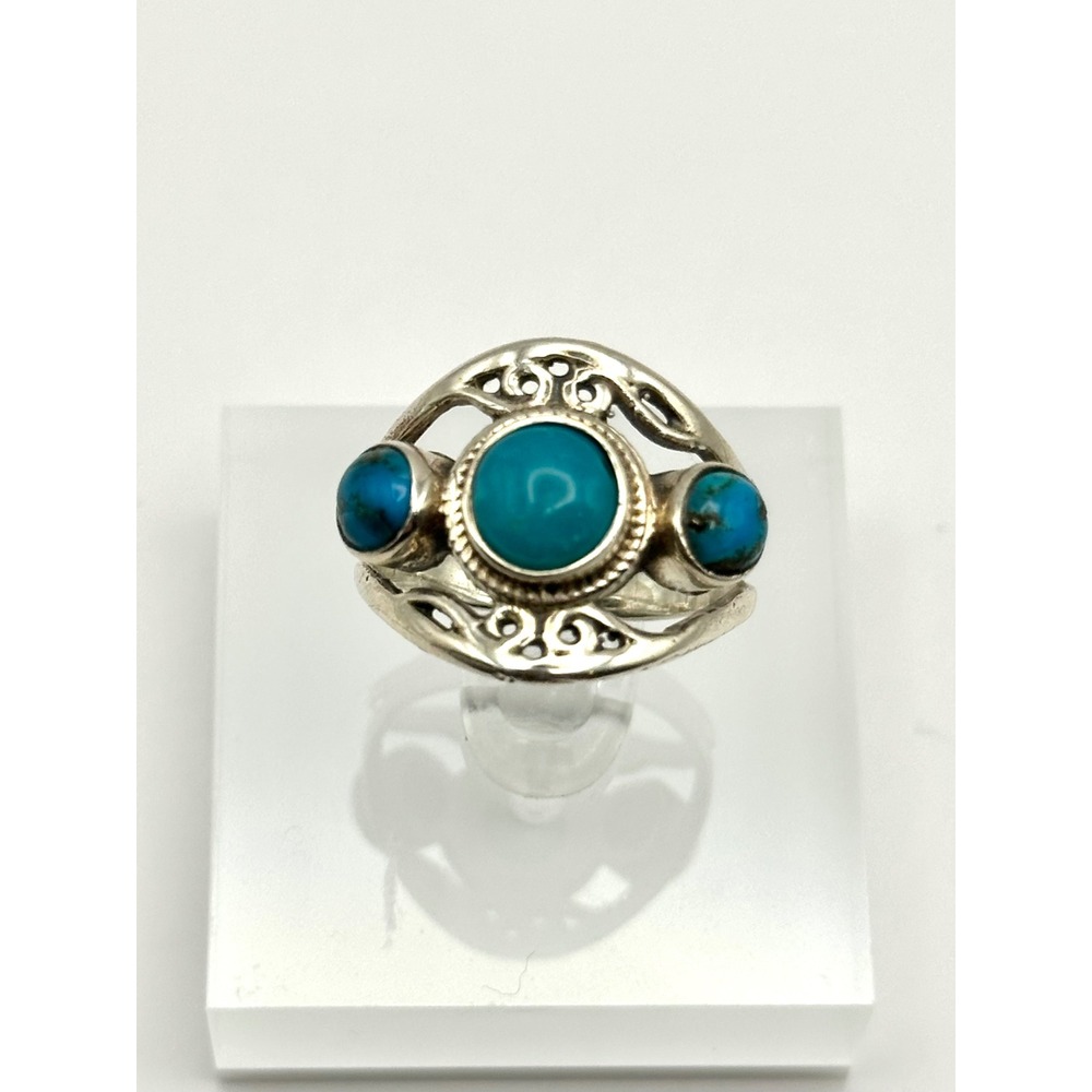 Turquoise Triple Stone Sterling Silver Ring Size 8